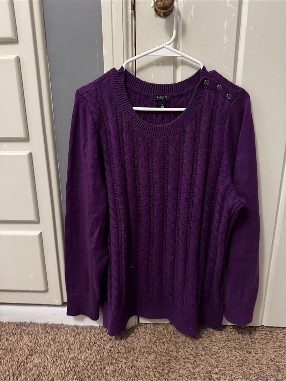 Talbots Deep Purple Cable Crewneck Sweater with Shoulder Buttons